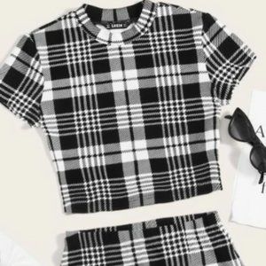 SHEIN Mock Neck Plaid Top & Skirt Set